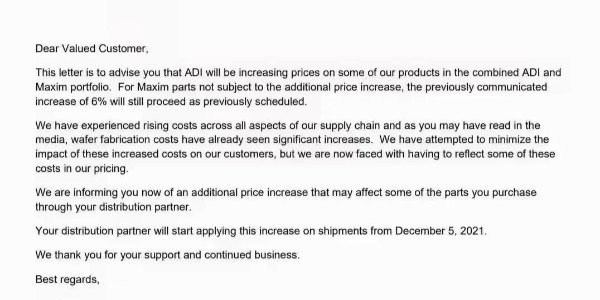 11月2日ADI發布最新動態將於12月上調部分產品報價