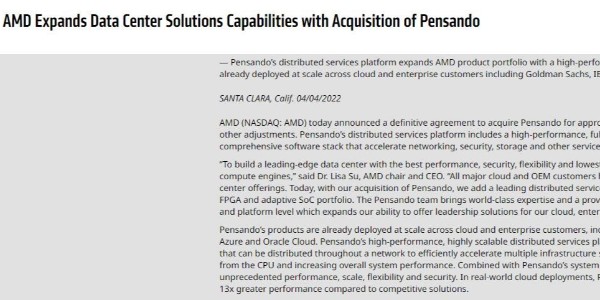 AMD宣布收購雲服務提供商PensandoSystems